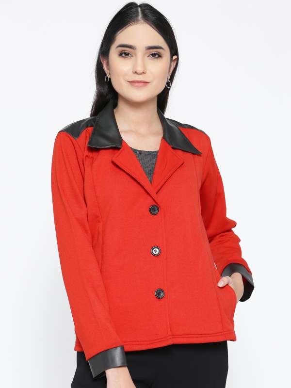 Buy online Solid Red Over Coat from blazers and coats for Women by