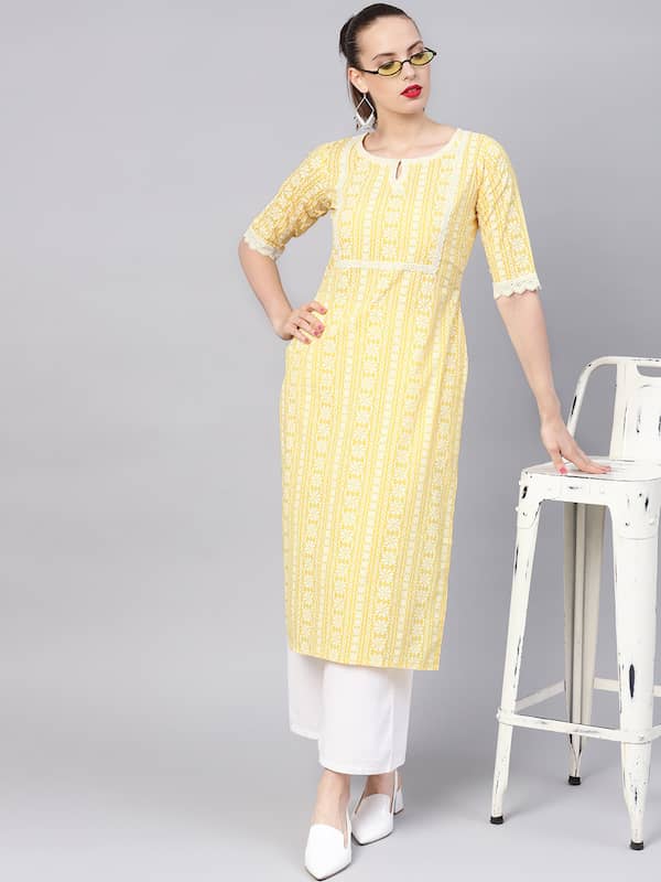 Buy Jagdamba Online Store Women's Rayon Solid Embroidered Mirror Work Long  Flared Kurti (Yellow, 2XL) at Amazon.in
