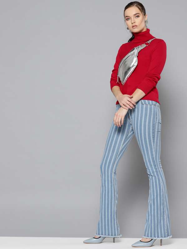 Red Jersey Vertical Stripe Flared Trousers