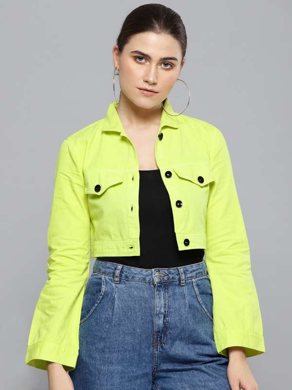 Neon yellow cropped denim jacket on sale