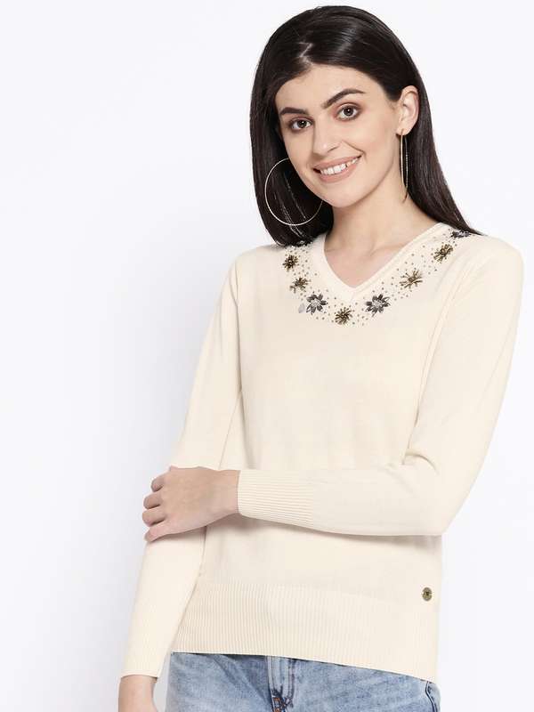 Cream Embellished Sweater - Buy Cream 
