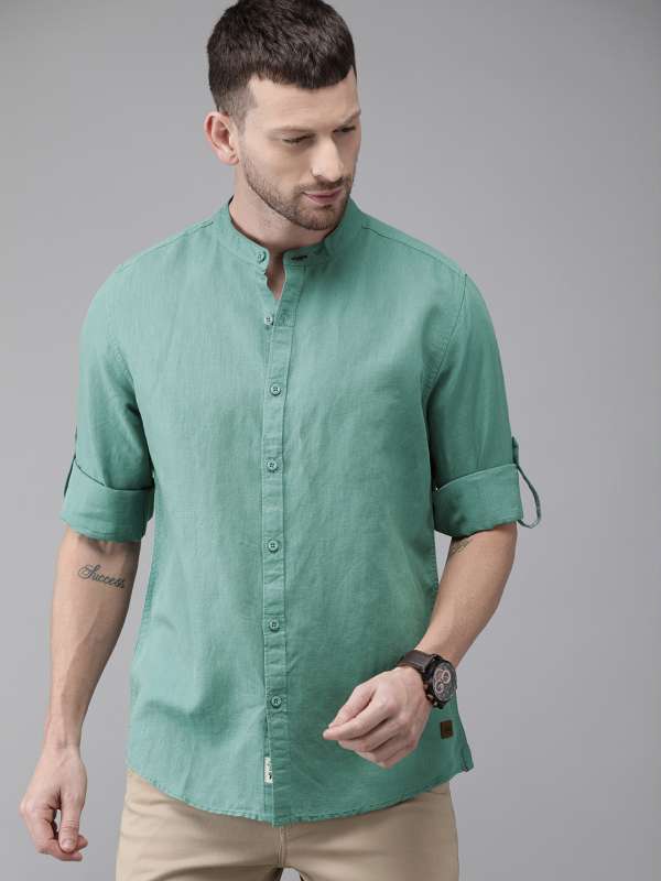 Content Looks Men Solid Linen Shirt Beige Trousers Ethnic