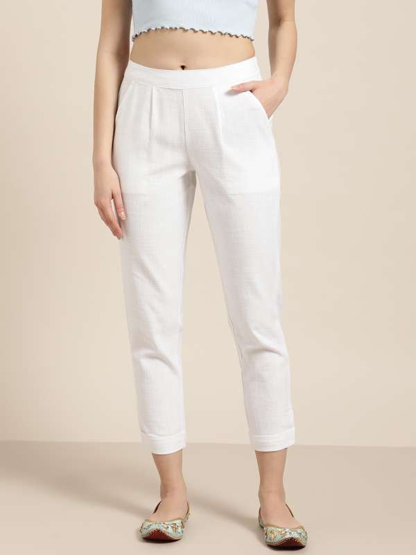 Buy Juniper Women Cream Coloured Smart Slim Fit Solid Cropped Trousers   Trousers for Women 2214055  Myntra