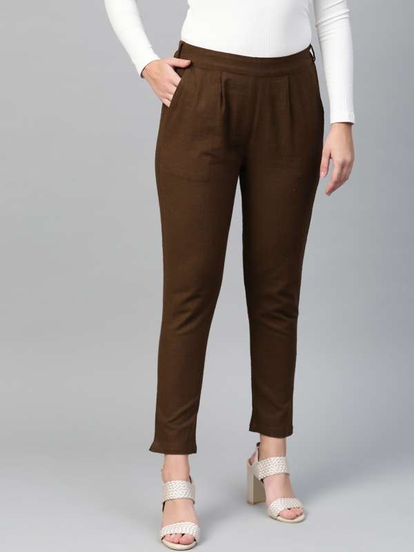 Fruba Women Pure Cotton Regular Fit Coffee Color Trousers Pants