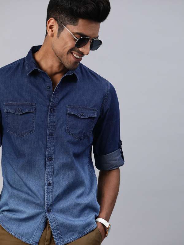 fashionable branded double pocket solid denim shirts
