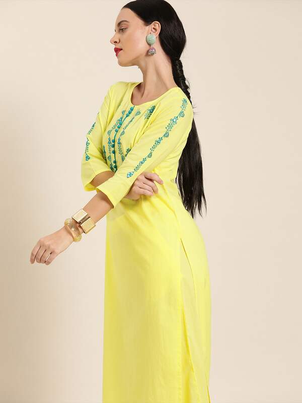 Buy Chrome Yellow High Low Kurti With Ruffle Sleeves And Cream Dhoti Pants  Online - Kalki Fashion