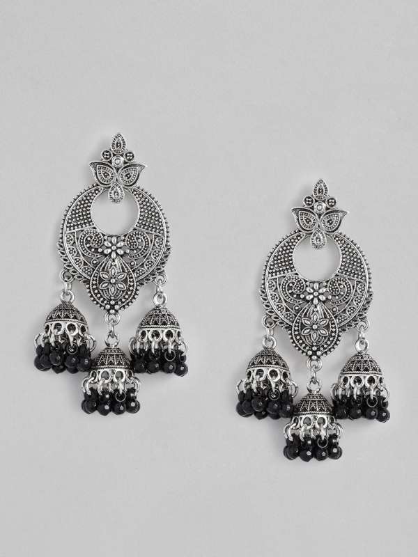 Color Lane Contemporary Oxidized Silver Jhumka Earrings Gold Tone Set Of 3 Floral CO-1181