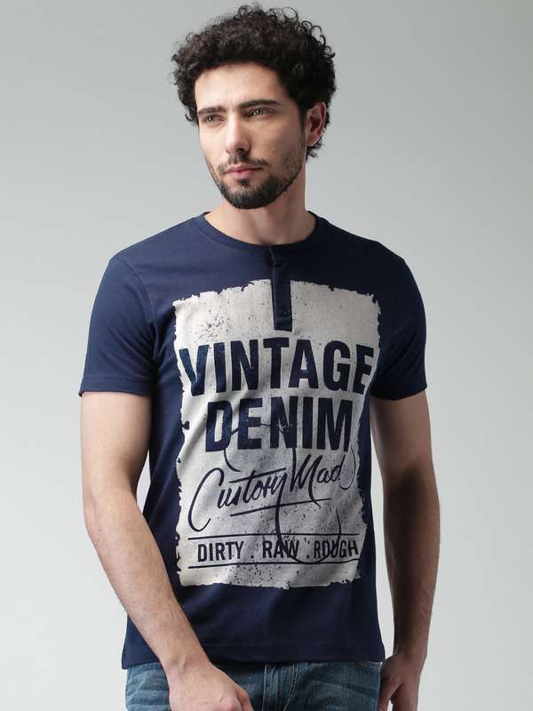 Moda Rapido Navy Blue Printed Henley 