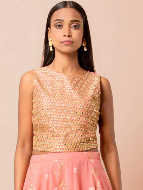 Buy Peach Crop Top With Blue Flared Gillet And Peach Palazzo Online   Aurelia