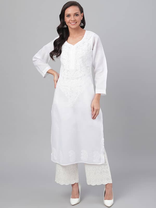 Saadgi Chikankari Lucknowi Hand Embroidered A-line Kurta; White Handloom Georgette Kurta Tunic Dress