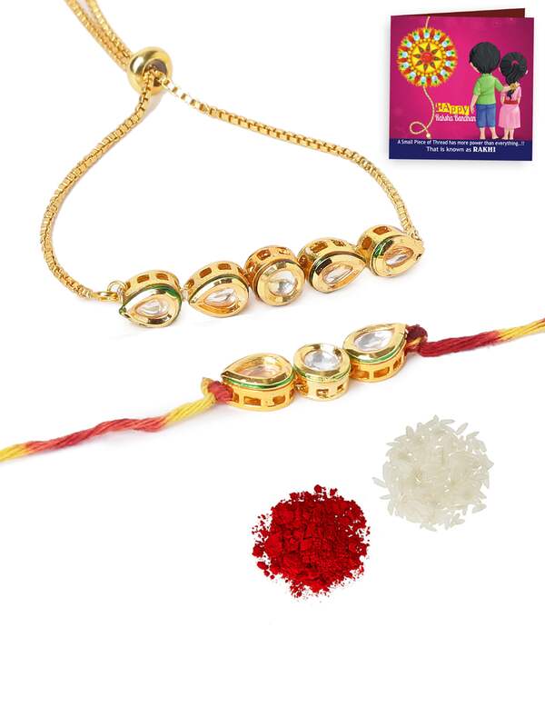 Crunchy Fashion Designer Stone & Kundan Rakhi for Brother Raksha Bandhan Handmade Bracelet for Bhaiya Bhabhi Rakhi Bracelet Combo Set 