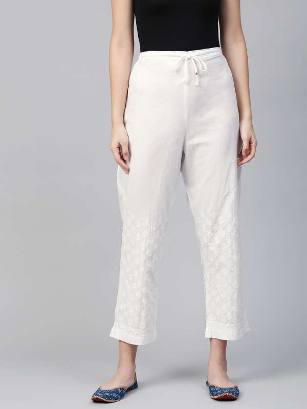 stylehub Cotton White Lucknow Chikankari Pants, Waist Size: Freesize