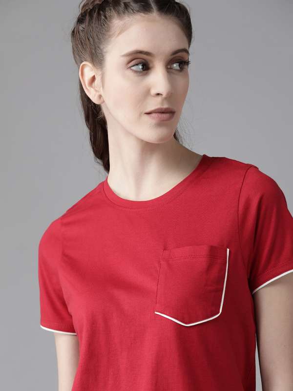Roadster - By Myntra Casual T-Shirts For Women Red Solid Polo Collar Short  Sleeves Regular Cotton Ready to Wear T-shirt Clothing Top 