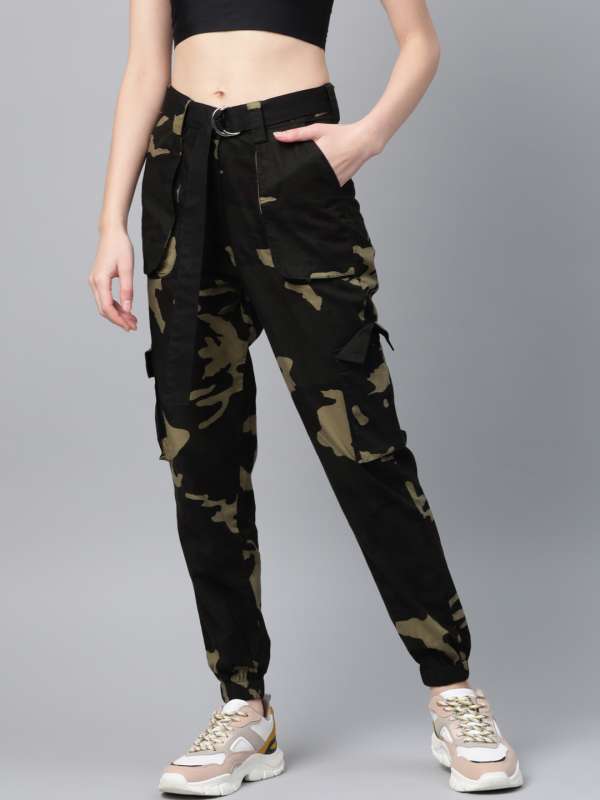 Womens Cotton Slim Fit Cargo Joggers Track Pants with 4 Zippered Pock