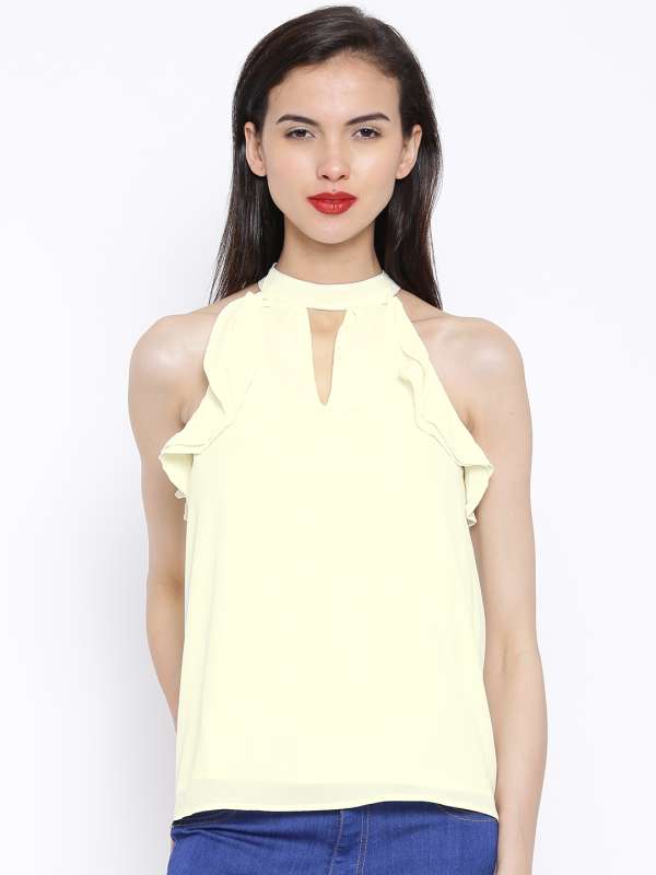 Peach halter neck ruffle top outlet