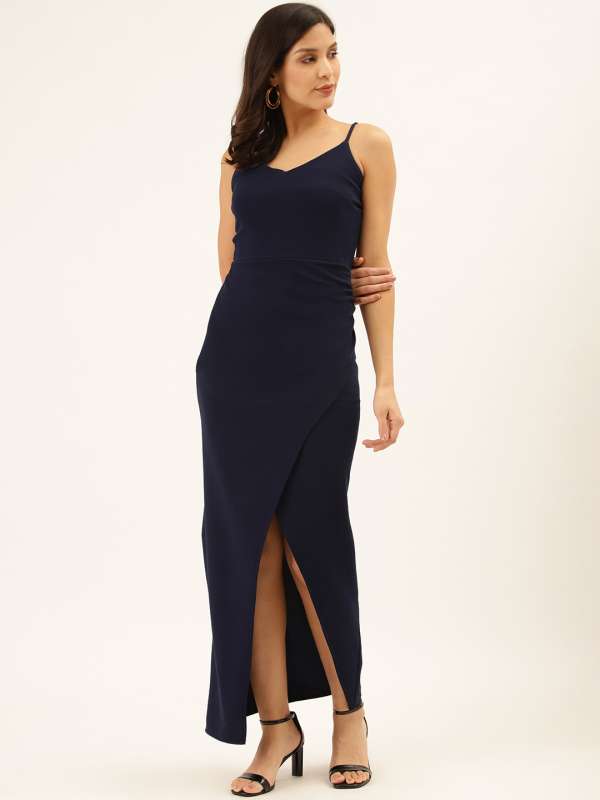 Buy PLEATED BLUE HIGH SLIT MAXI DRESS for Women Online in India