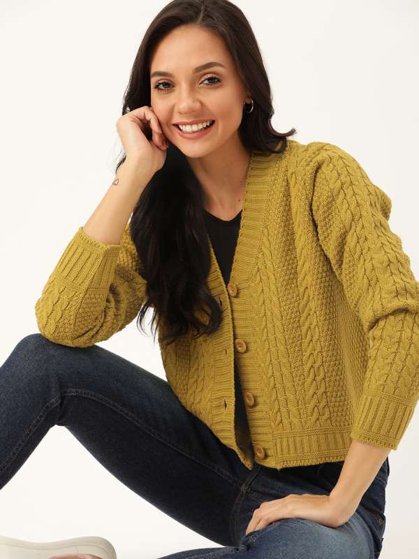 Dressberry Mustard Yellow Black Self Design Cardigan Buy Dressberry Mustard Yellow Black Self Design Cardigan online in India