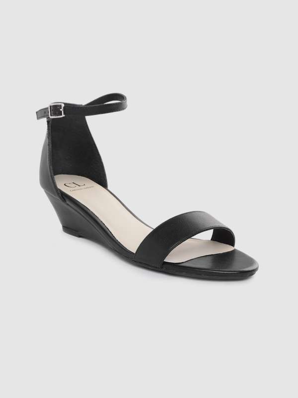Buy online Women Solid Black Ankle Strap Wedge Heel Sandal from