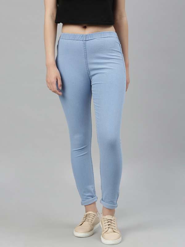 Shop Solid Jeggings with Elasticised Waistband and Pocket Detail Online