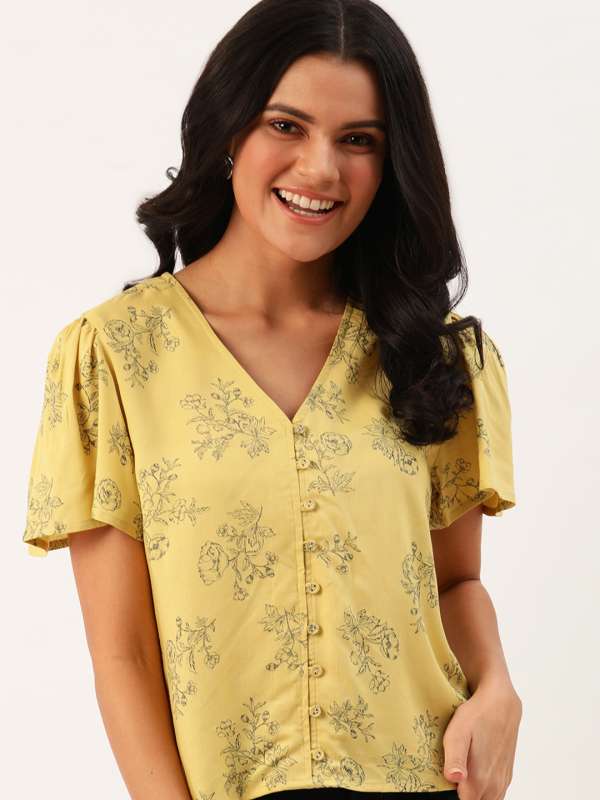 DressBerry - By Myntra Women Casual Mustard Yellow Ready to Wear Fitted  Short Sleeves Solid Pure Cotton V-Neck Top Stylish Clothing For ladies