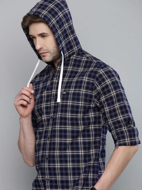 Hooded mens checked shirts top