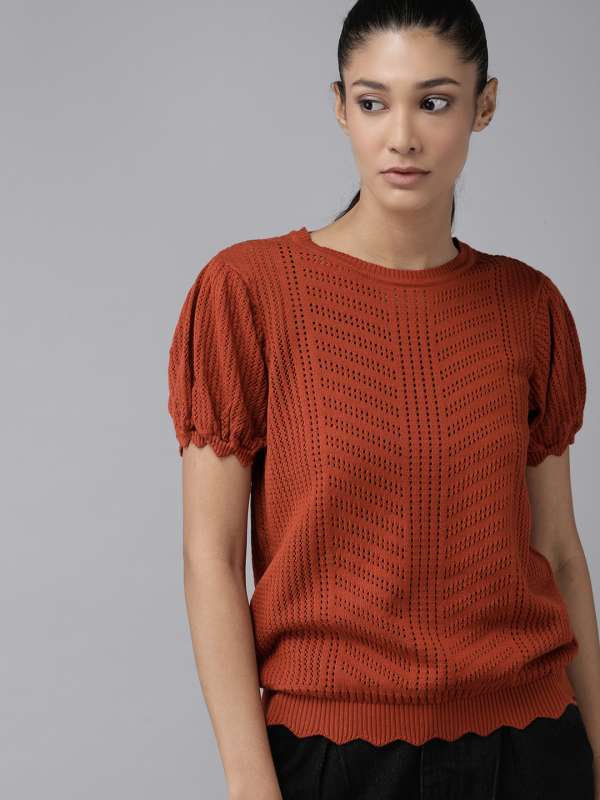 Buy rust crop top with short sleeve designs for ladies