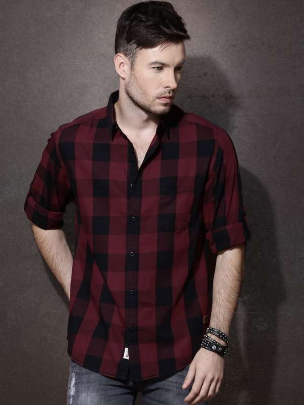 Maroon Black Check Men Shirt - Buy 