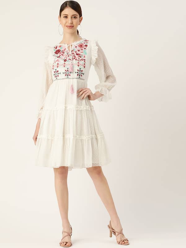 FLORENTINA OFF WHITE LINEN KNEE LENGTH SUMMER DRESS WITH MULTI COLOR FLORAL  EMBROIDERY