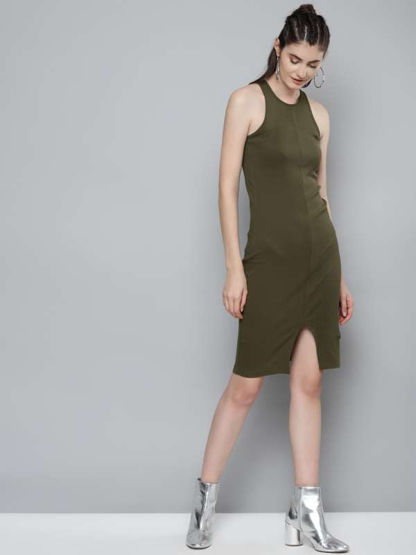 Olive Green Solid Bodycon Dress Buy Olive Green Solid Bodycon