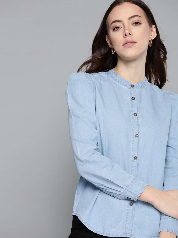 Collarless denim deals shirt womens