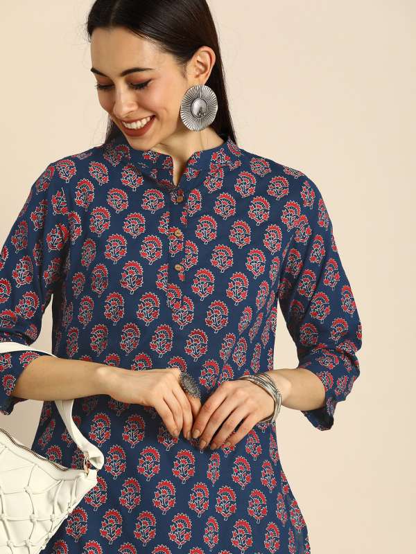 Virtue navy blue 2025 red printed kurti