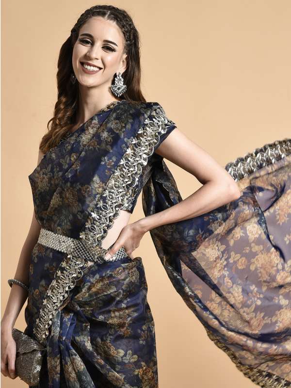 Peach and navy blue saree best sale