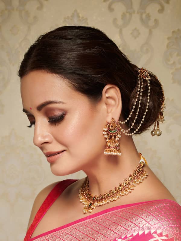 Buy Gold Beige Earrings With Pearl And Dangling Chain Embellished Sphere  And Fringed Semicircle Online  Kalki Fashion