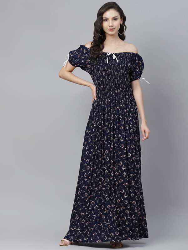 Navy Blue Printed Off Shoulder Dress 