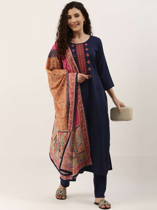 Sanskruti Navy Blue Embroidered Dress Material 6637875.htm Buy