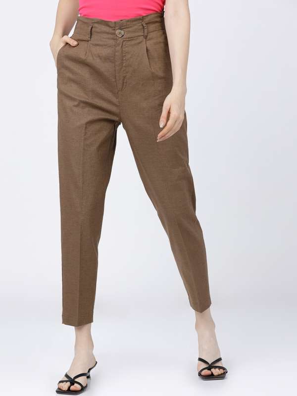 Kotty Regular Fit Women Brown Faux Leather Trousers