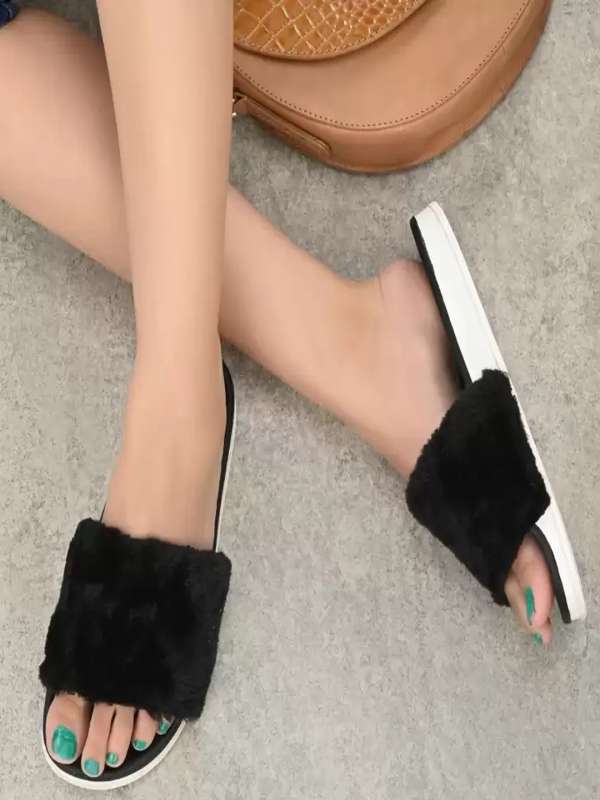 Black fluffy sliders clearance womens