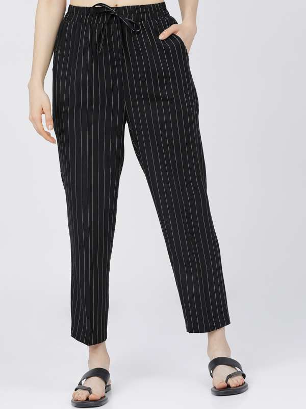 Womens black trousers with white stripe hot sale