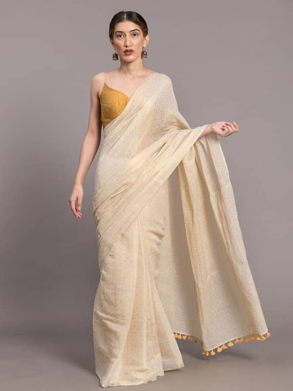 Half white saree with golden brown border - Sri Kumaran Stores-hautamhiepplus.vn