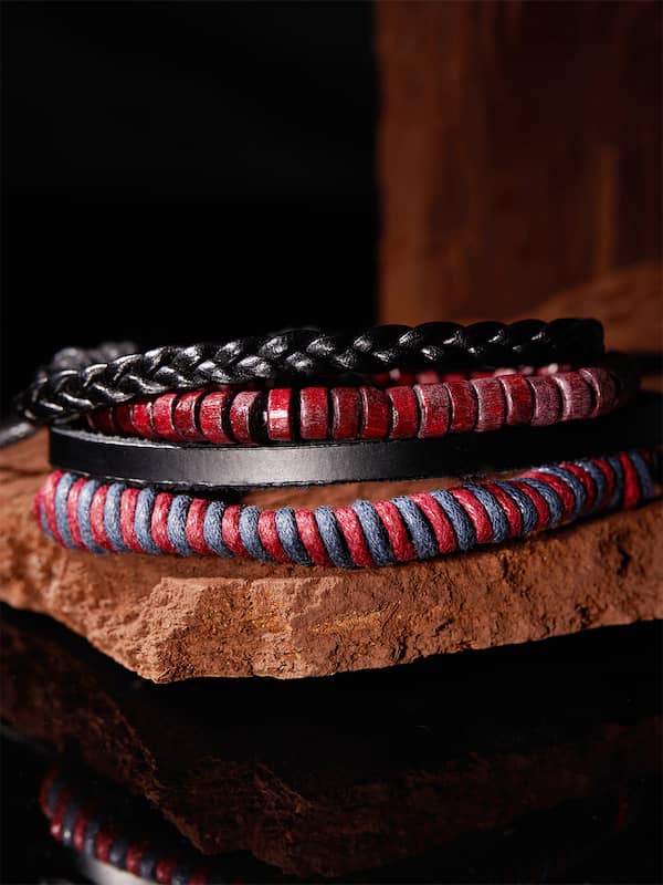 Mens Triple Row Leather Bracelet with Silver Row  Atolyestone