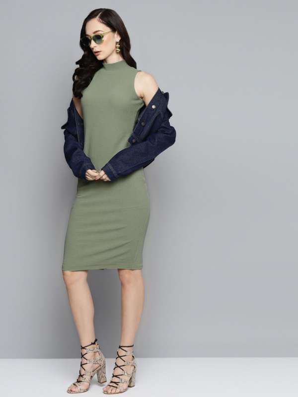Above the Curve Olive Green Ribbed Bodycon Midi Dress
