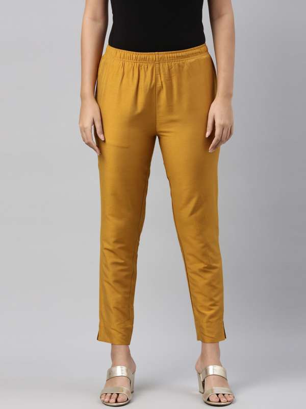 Buy Mustard-yellow Solid Straight-Fit Cotton Pant Online in India