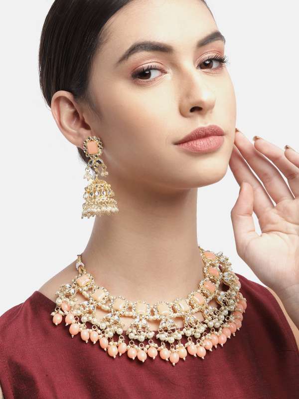 Rubans 18K Gold toned AD & Kundan Studded cream pearl long necklace se