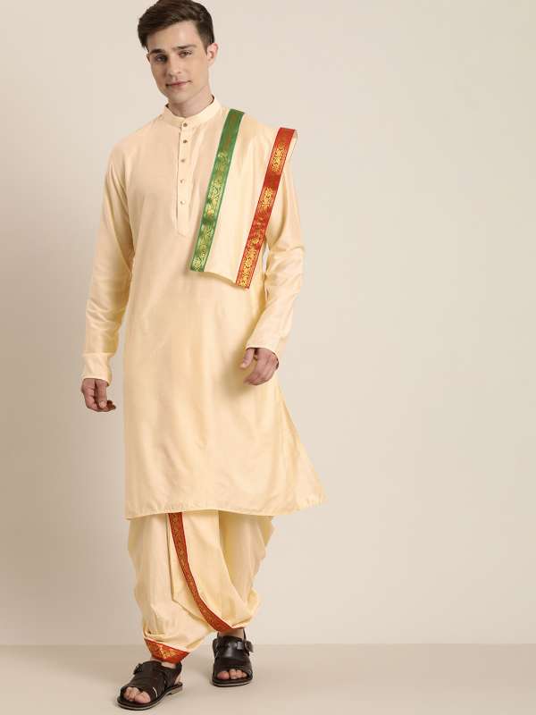 Cream cotton kurta and pants with mirror work mul dupatta- Set Of