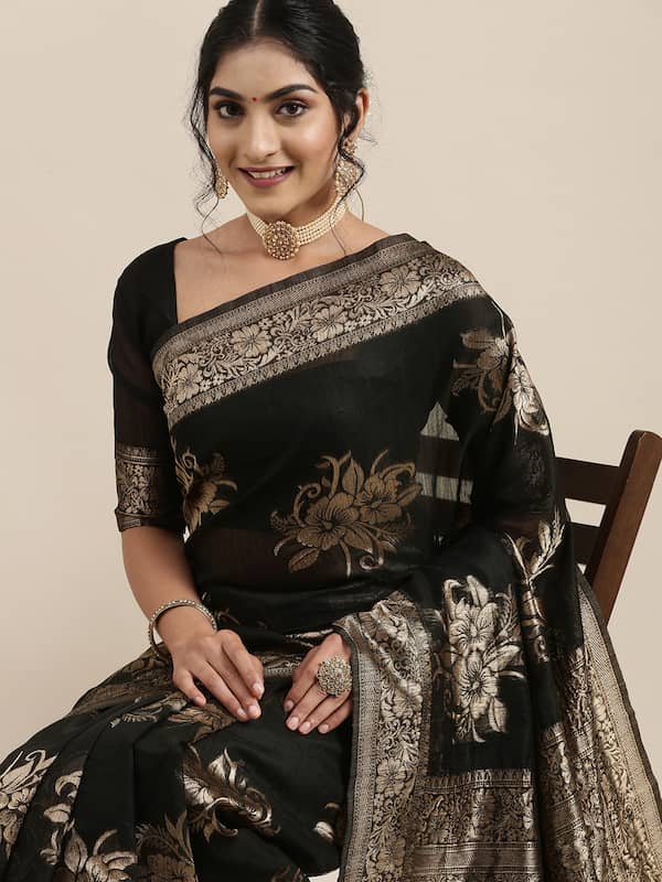 black blended cotton saree with golden motifs - BOVEEE - 3279107