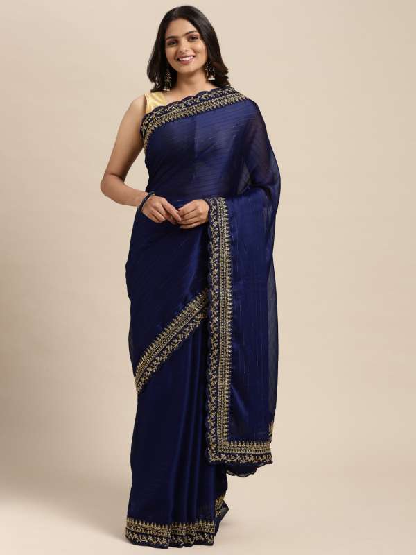 Navy blue plain top saree with golden border