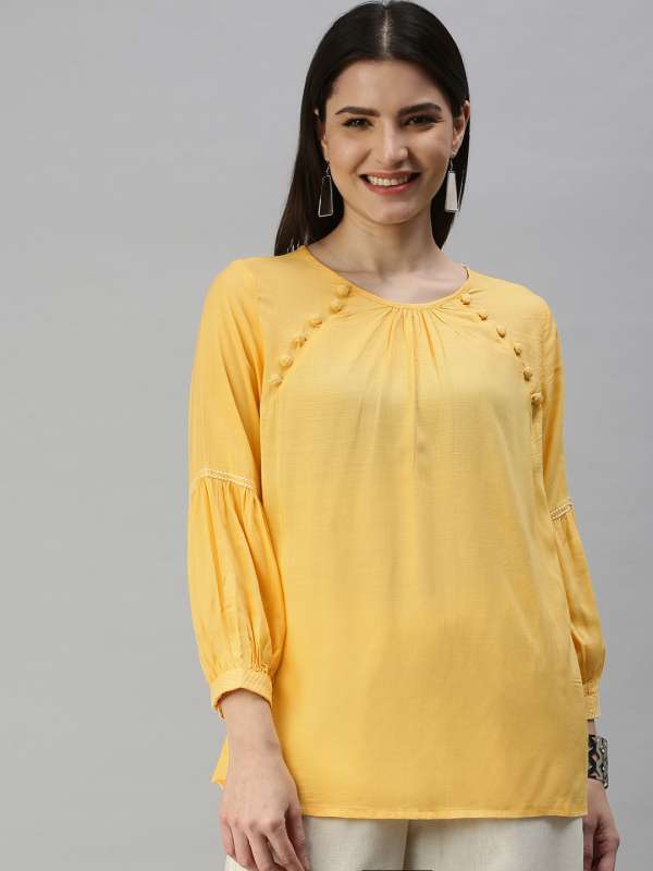 Global Desi Women Yellow Self Design Pure Cotton Top With Pleat
