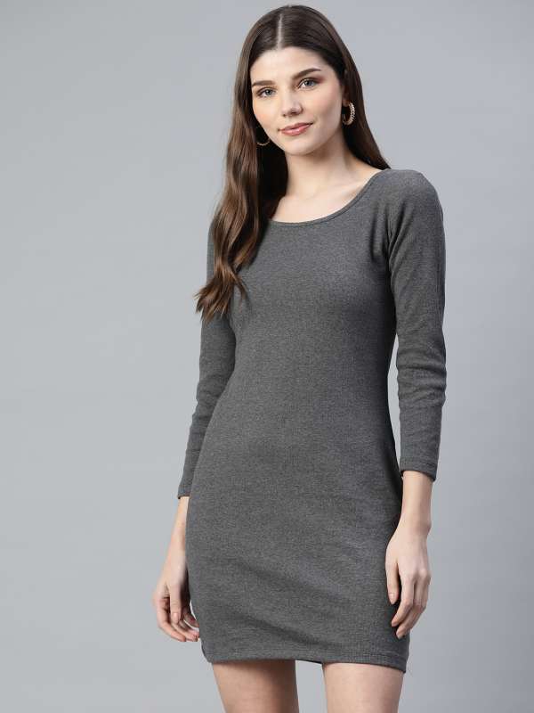 Charcoal Grey Solid Bodycon Dress Buy Charcoal Grey Solid