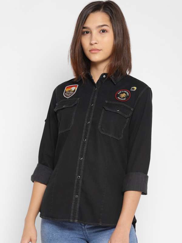 Black faded denim shirt top