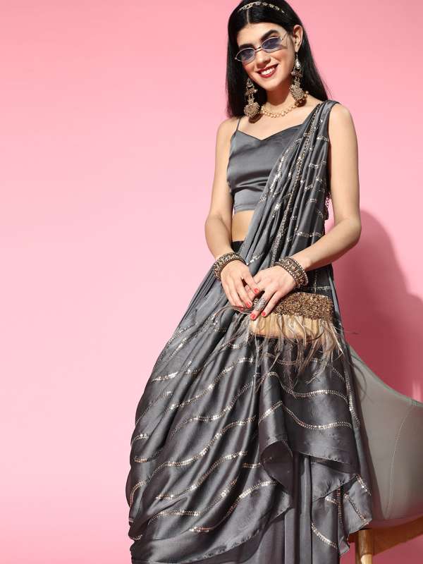 Buy Subtle Steel Grey Palazzo Saree with Blouse Piece  Inddusin